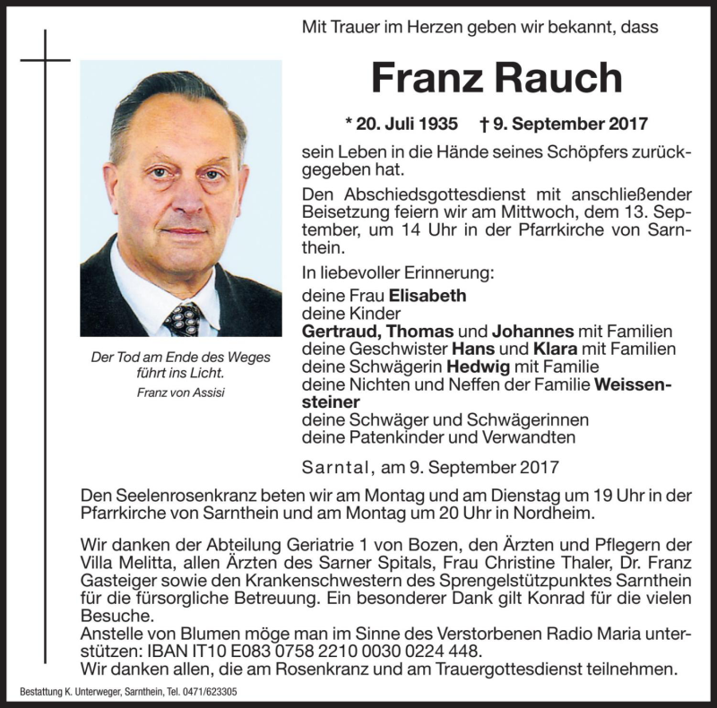  Traueranzeige für Franz Rauch vom 11.09.2017 aus Dolomiten