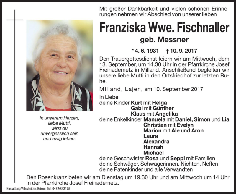  Traueranzeige für Franziska Fischnaller vom 12.09.2017 aus Dolomiten