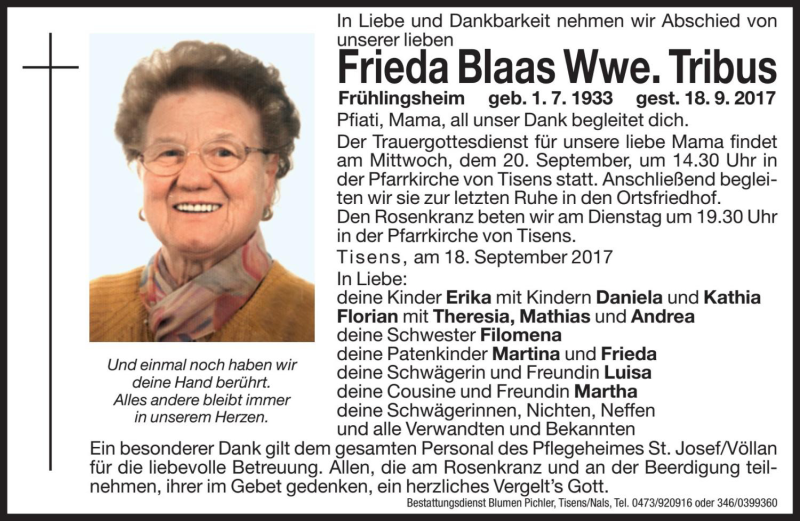  Traueranzeige für Frieda Tribus vom 19.09.2017 aus Dolomiten