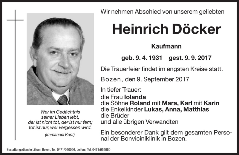  Traueranzeige für Heinrich Döcker vom 14.09.2017 aus Dolomiten