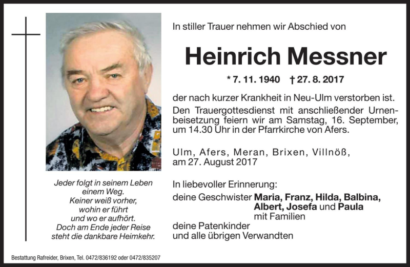  Traueranzeige für Heinrich Messner vom 15.09.2017 aus Dolomiten
