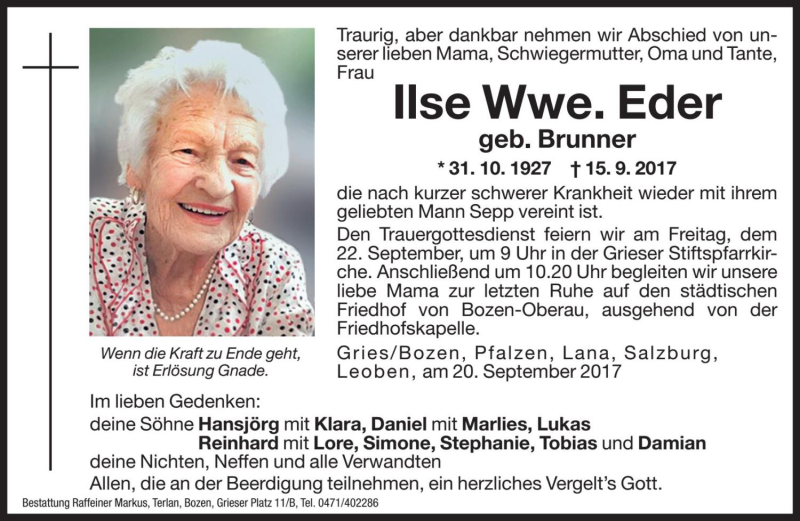  Traueranzeige für Ilse Eder vom 20.09.2017 aus Dolomiten