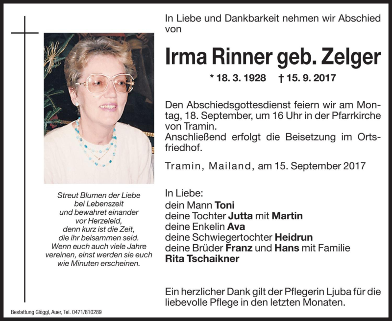  Traueranzeige für Irma Rinner vom 18.09.2017 aus Dolomiten