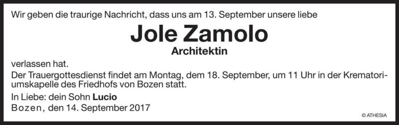  Traueranzeige für Jole Zamolo vom 15.09.2017 aus Dolomiten