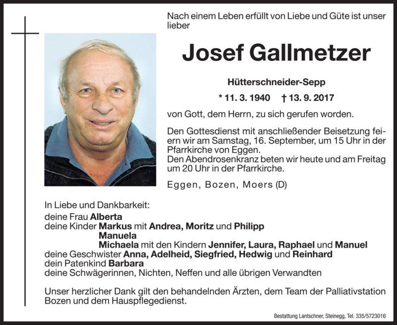  Traueranzeige für Josef Gallmetzer vom 15.09.2017 aus Dolomiten