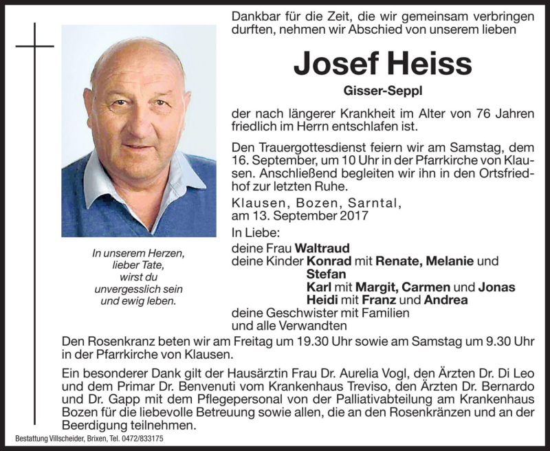  Traueranzeige für Josef Heiss vom 14.09.2017 aus Dolomiten