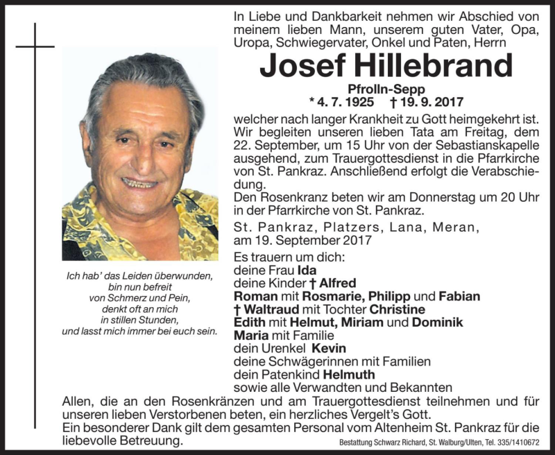  Traueranzeige für Josef Hillebrand vom 21.09.2017 aus Dolomiten