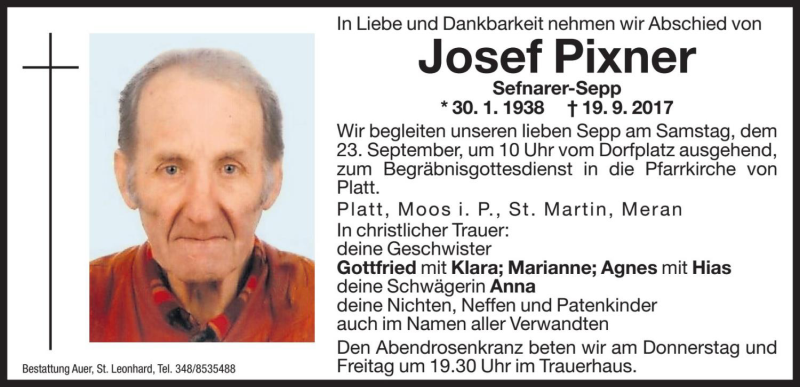  Traueranzeige für Josef Pixner vom 21.09.2017 aus Dolomiten