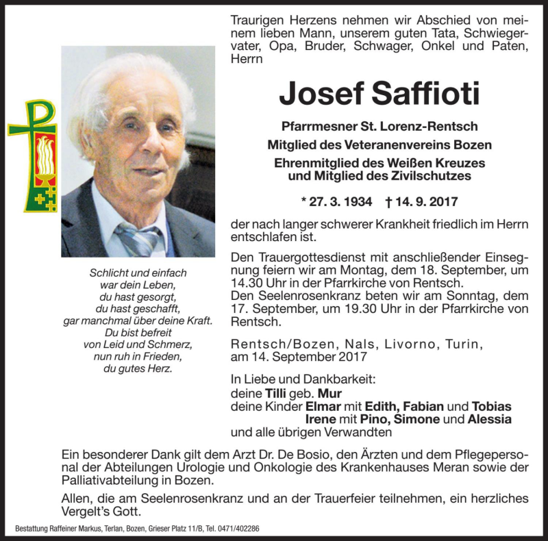  Traueranzeige für Josef Saffioti vom 15.09.2017 aus Dolomiten