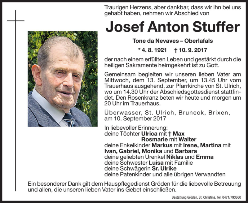  Traueranzeige für Josef Anton Stuffer vom 11.09.2017 aus Dolomiten