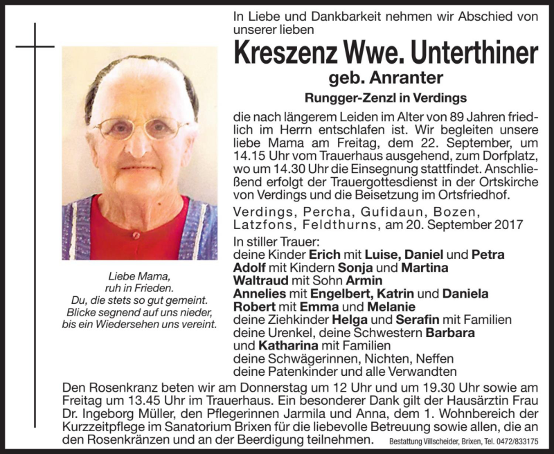  Traueranzeige für Kreszenz Unterthiner vom 21.09.2017 aus Dolomiten
