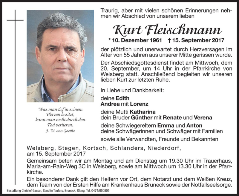  Traueranzeige für Kurt Fleischmann vom 18.09.2017 aus Dolomiten