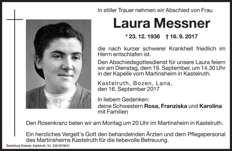  Traueranzeige für Laura Messner vom 18.09.2017 aus Dolomiten