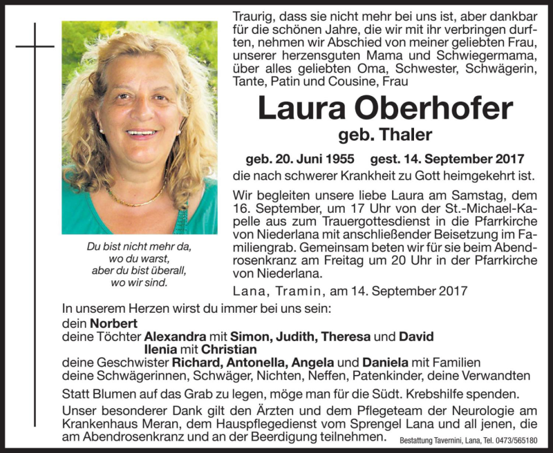  Traueranzeige für Laura Oberhofer vom 15.09.2017 aus Dolomiten