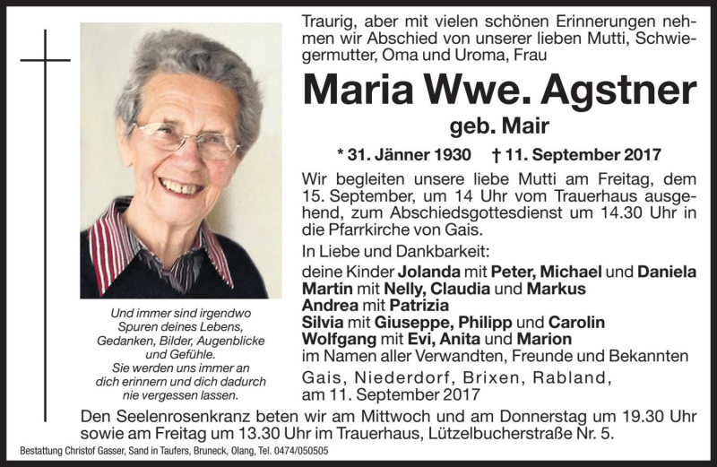  Traueranzeige für Maria Agstner vom 13.09.2017 aus Dolomiten