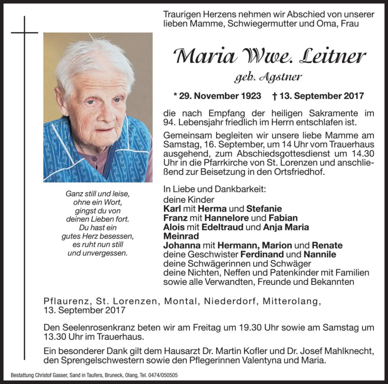 Traueranzeige für Maria Leitner vom 15.09.2017 aus Dolomiten