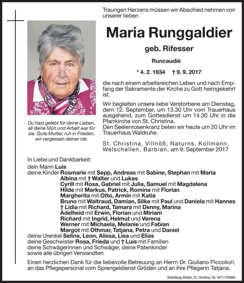  Traueranzeige für Maria Runggaldier vom 11.09.2017 aus Dolomiten