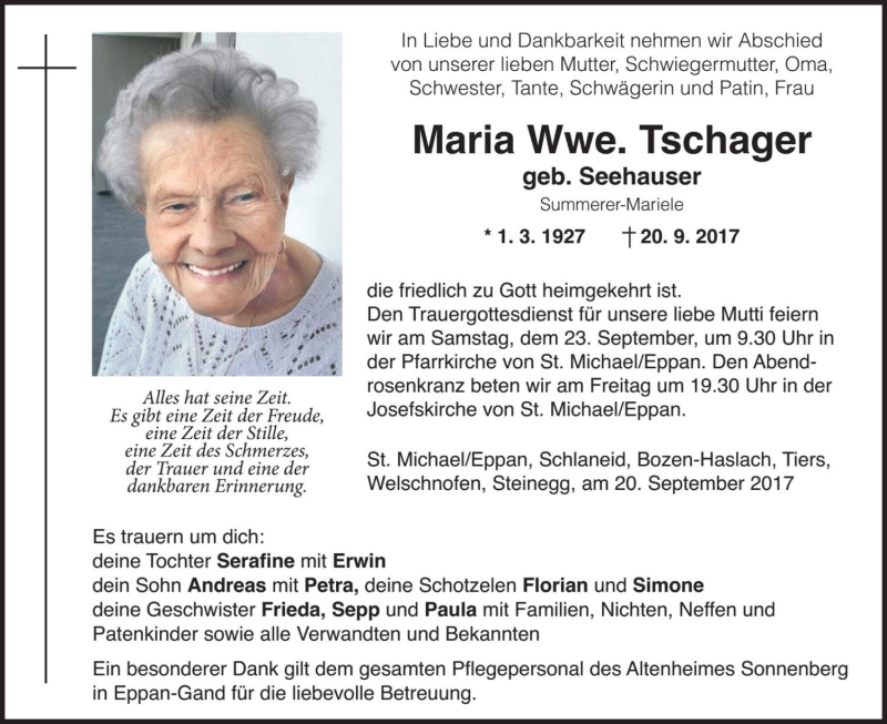  Traueranzeige für Maria Tschager vom 21.09.2017 aus Dolomiten