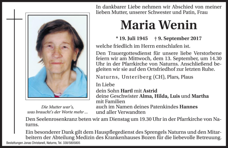  Traueranzeige für Maria Wenin vom 11.09.2017 aus Dolomiten
