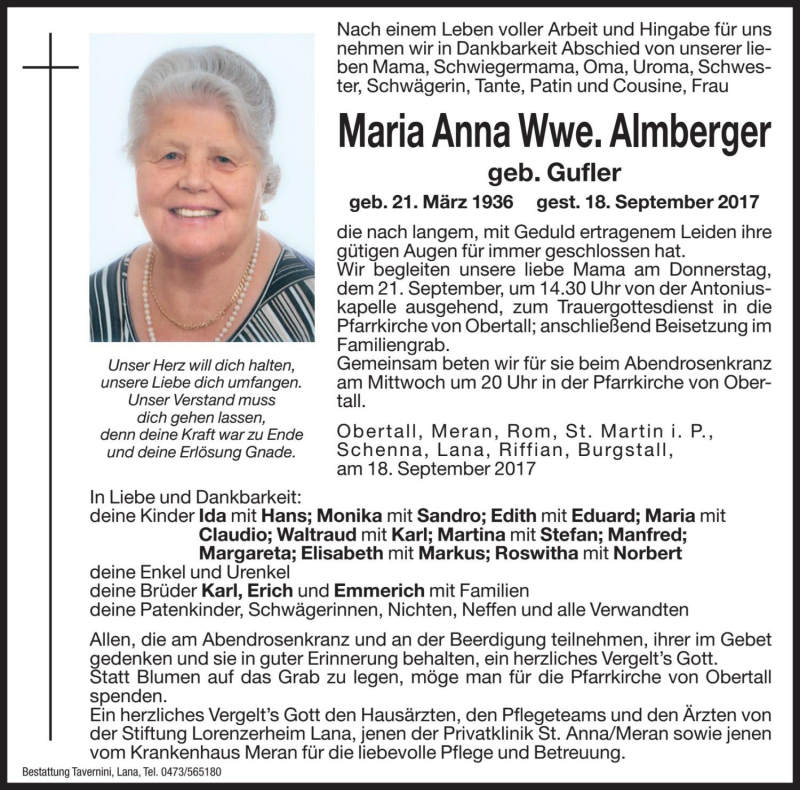  Traueranzeige für Maria Anna Almberger vom 20.09.2017 aus Dolomiten