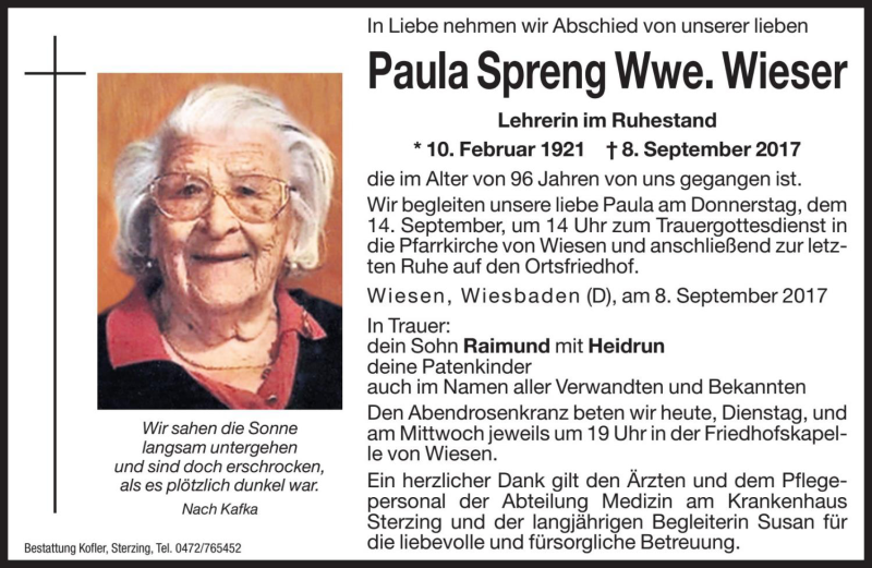  Traueranzeige für Paula Wieser vom 12.09.2017 aus Dolomiten