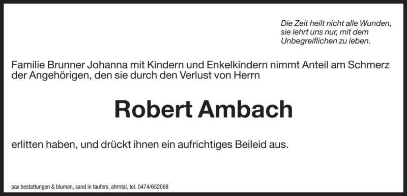  Traueranzeige für Robert Ambach vom 16.09.2017 aus Dolomiten
