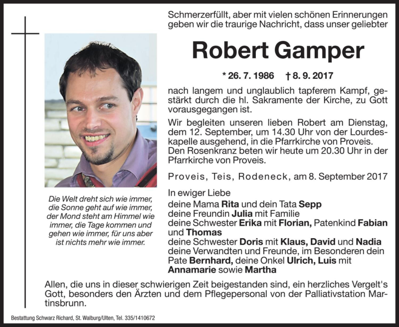  Traueranzeige für Robert Gamper vom 11.09.2017 aus Dolomiten