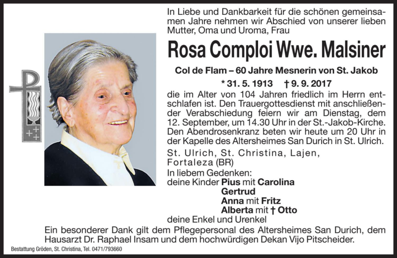  Traueranzeige für Rosa Malsiner vom 11.09.2017 aus Dolomiten