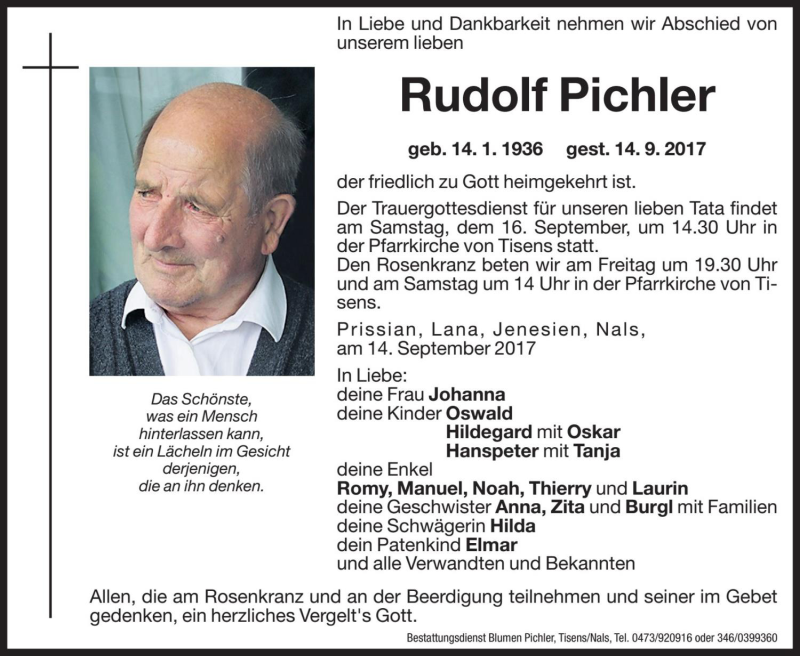  Traueranzeige für Rudolf Pichler vom 15.09.2017 aus Dolomiten