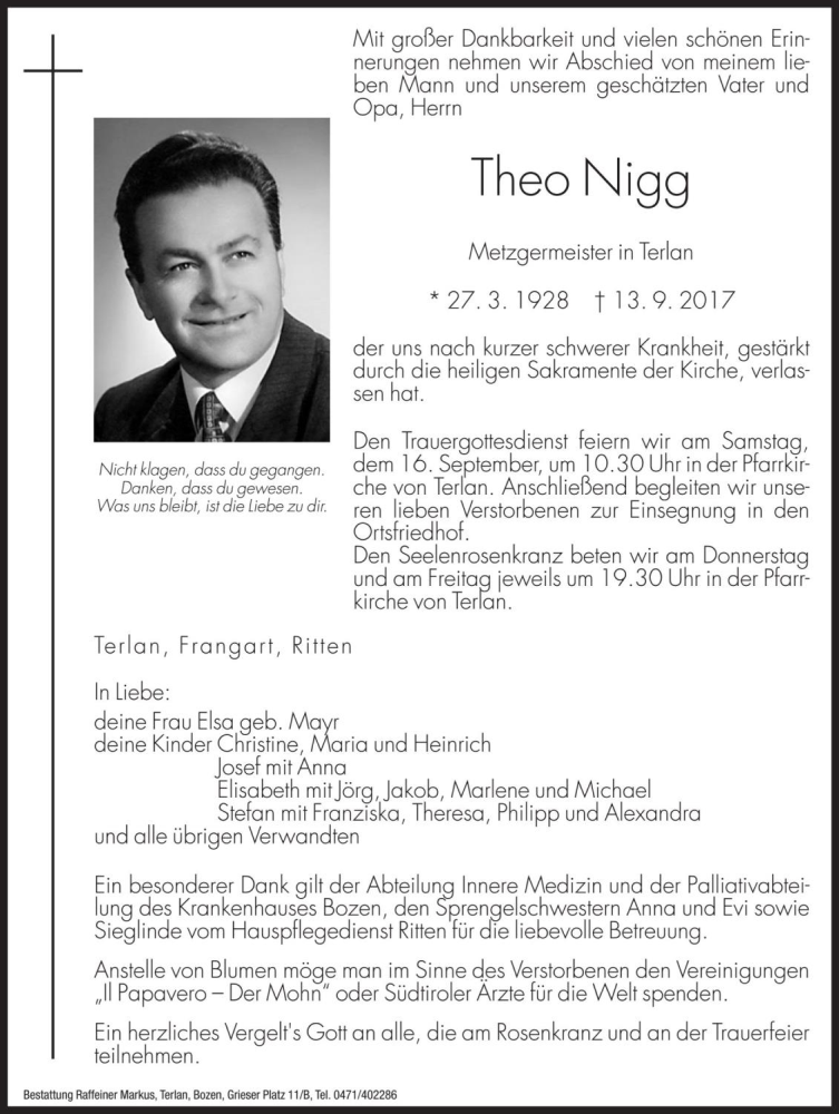  Traueranzeige für Theo Nigg vom 14.09.2017 aus Dolomiten
