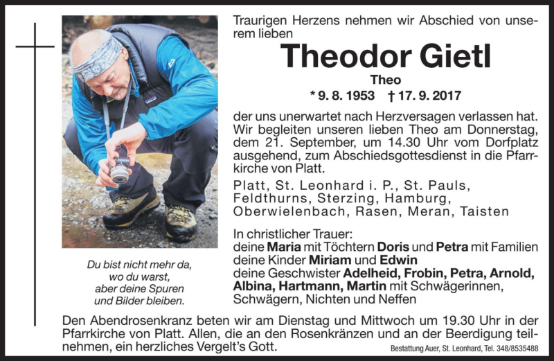  Traueranzeige für Theodor Gietl vom 19.09.2017 aus Dolomiten