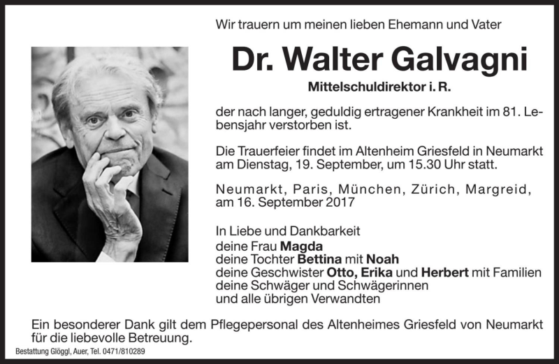  Traueranzeige für Walter Galvagni vom 18.09.2017 aus Dolomiten