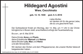 Traueranzeige von Hildegard Cecchinato von Dolomiten