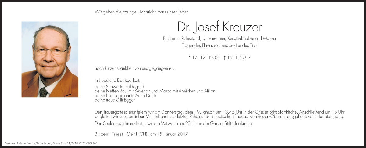  Traueranzeige für Josef Kreuzer vom 17.01.2017 aus Dolomiten