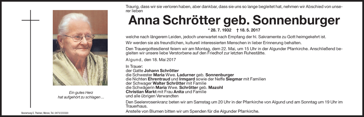  Traueranzeige für Anna Schrötter vom 19.05.2017 aus Dolomiten