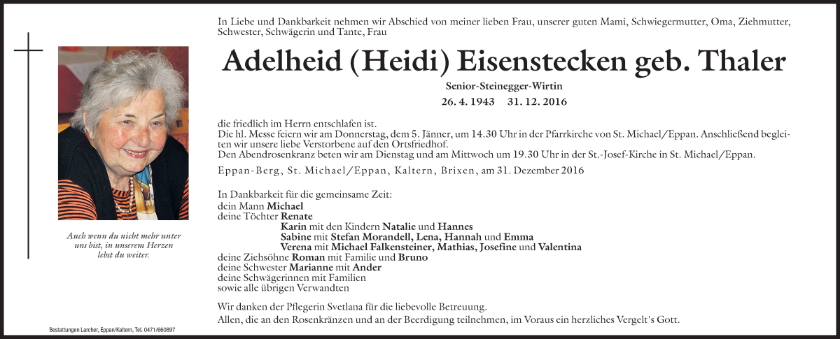  Traueranzeige für Adelheid Eisenstecken vom 02.01.2017 aus Dolomiten