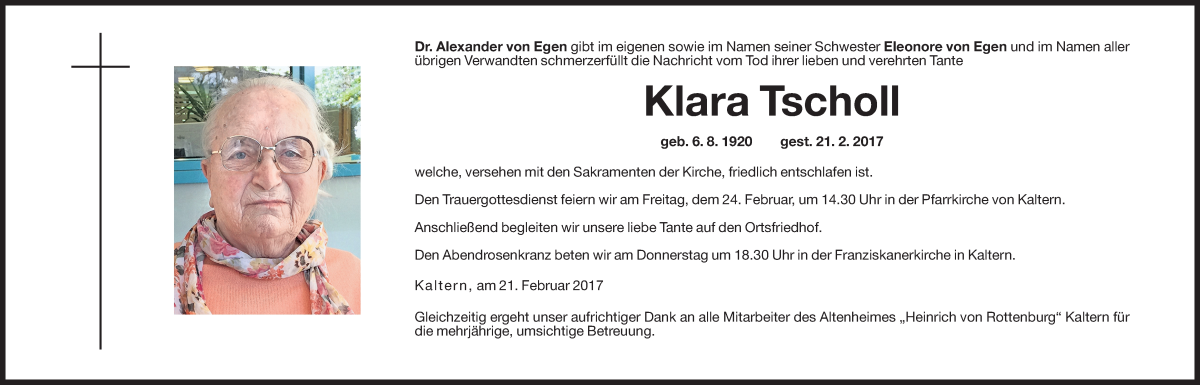  Traueranzeige für Klara Tscholl vom 22.02.2017 aus Dolomiten