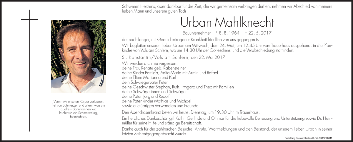  Traueranzeige für Urban Mahlknecht vom 23.05.2017 aus Dolomiten