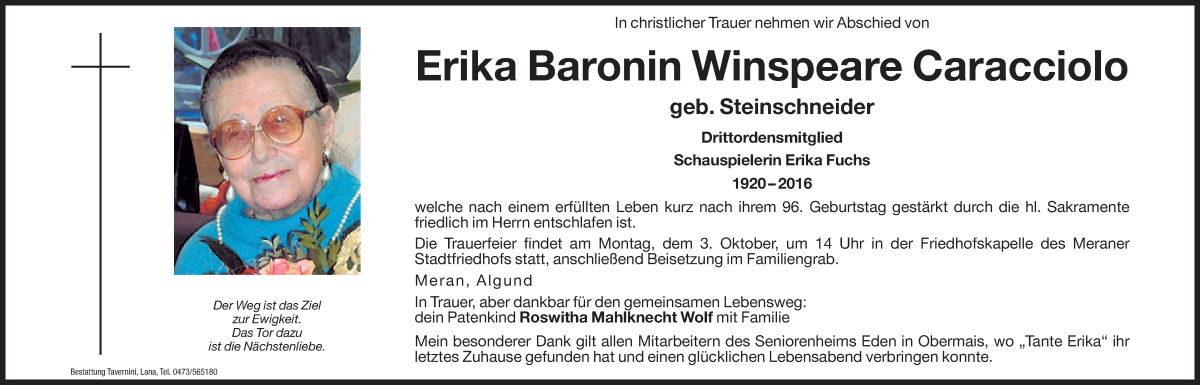  Traueranzeige für Erika  Winspeare Caracciolo vom 30.09.2016 aus Dolomiten
