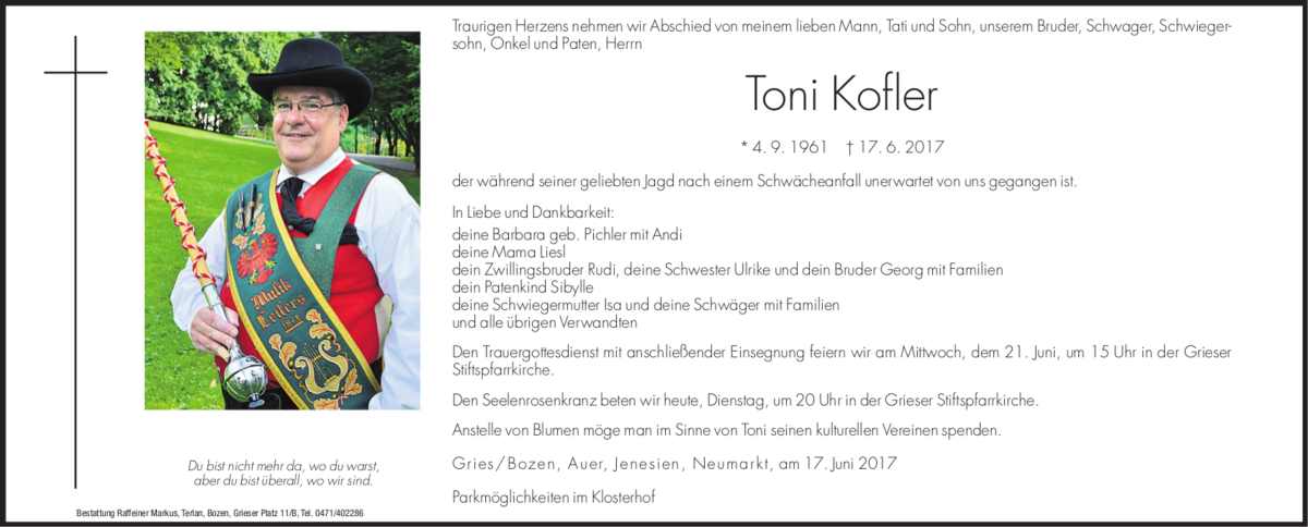  Traueranzeige für Toni Kofler vom 20.06.2017 aus Dolomiten