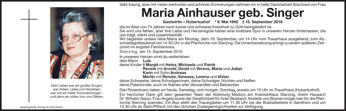  Traueranzeige für Maria Ainhauser vom 17.09.2016 aus Dolomiten