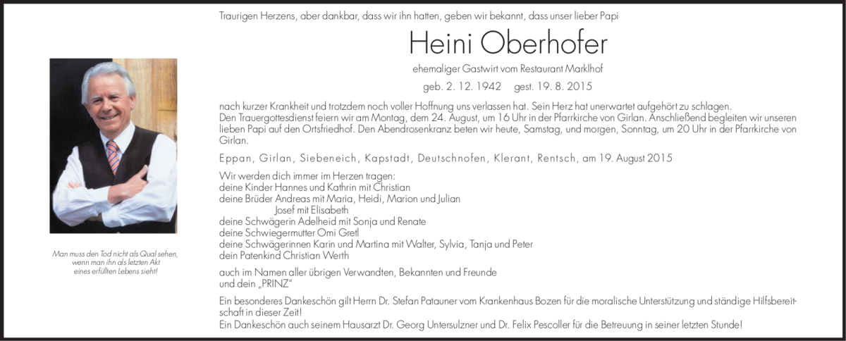  Traueranzeige für Heini Oberhofer vom 22.08.2015 aus Dolomiten