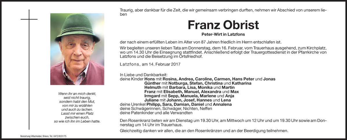  Traueranzeige für Franz Obrist vom 15.02.2017 aus Dolomiten
