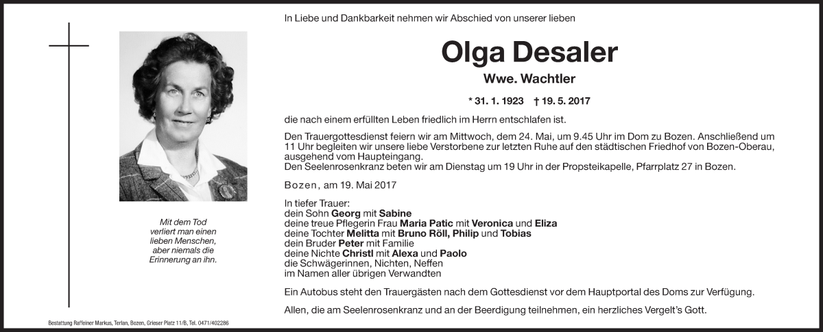  Traueranzeige für Olga Wachtler vom 22.05.2017 aus Dolomiten