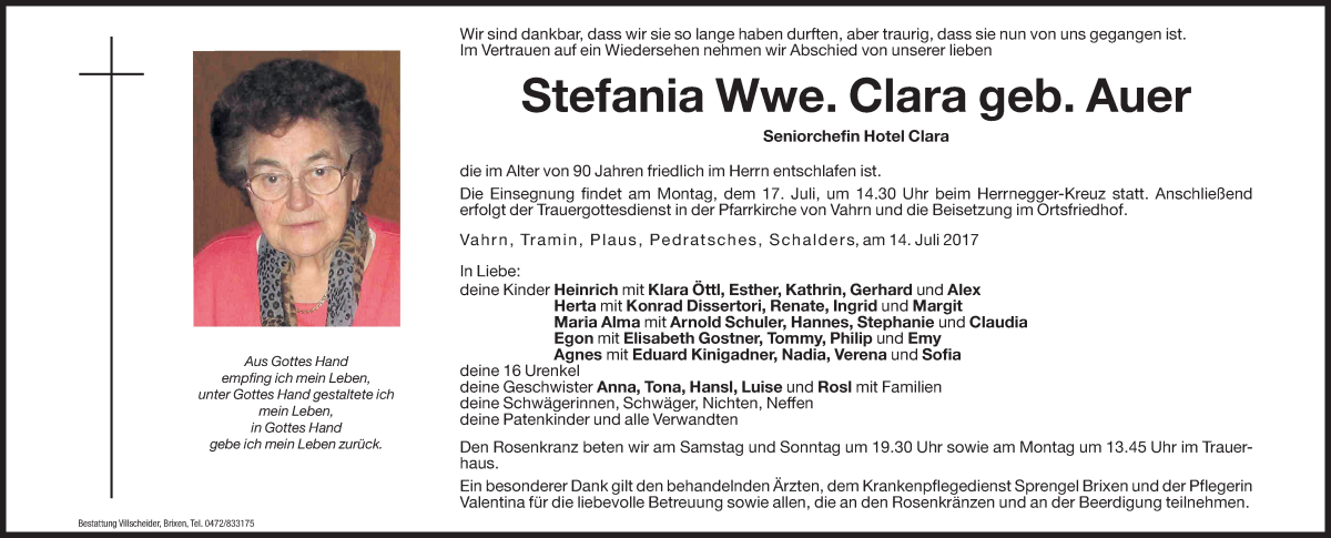 Traueranzeige für Stefania Clara vom 15.07.2017 aus Dolomiten