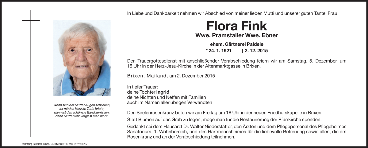  Traueranzeige für Flora Pramstaller vom 04.12.2015 aus Dolomiten