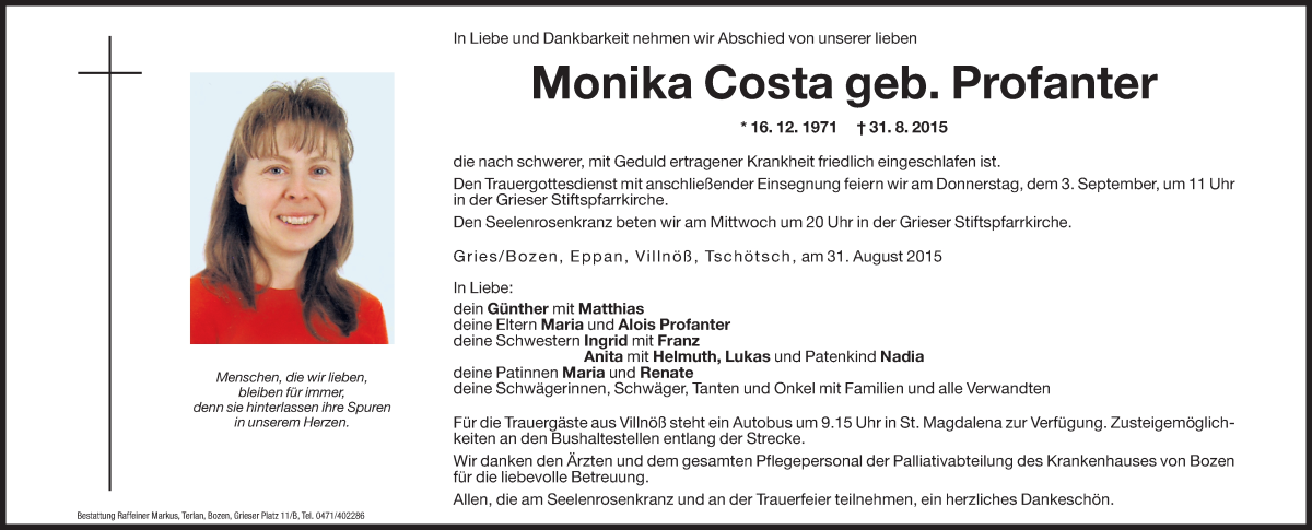  Traueranzeige für Monika Costa vom 01.09.2015 aus Dolomiten