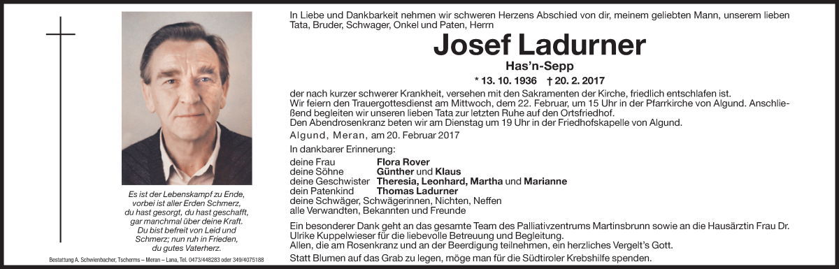  Traueranzeige für Josef Ladurner vom 21.02.2017 aus Dolomiten