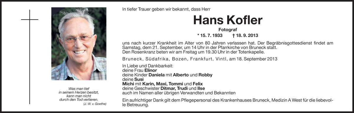  Traueranzeige für Hans Kofler vom 19.09.2013 aus Dolomiten