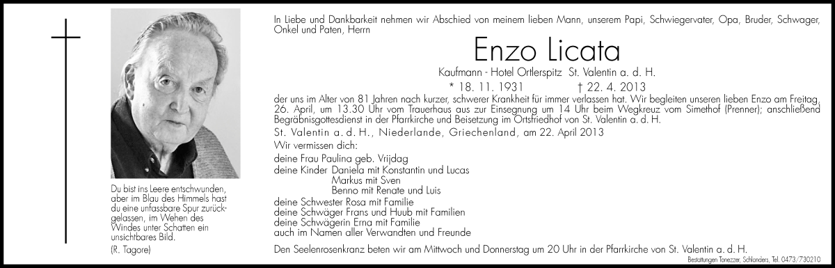  Traueranzeige für Enzo Licata vom 24.04.2013 aus Dolomiten